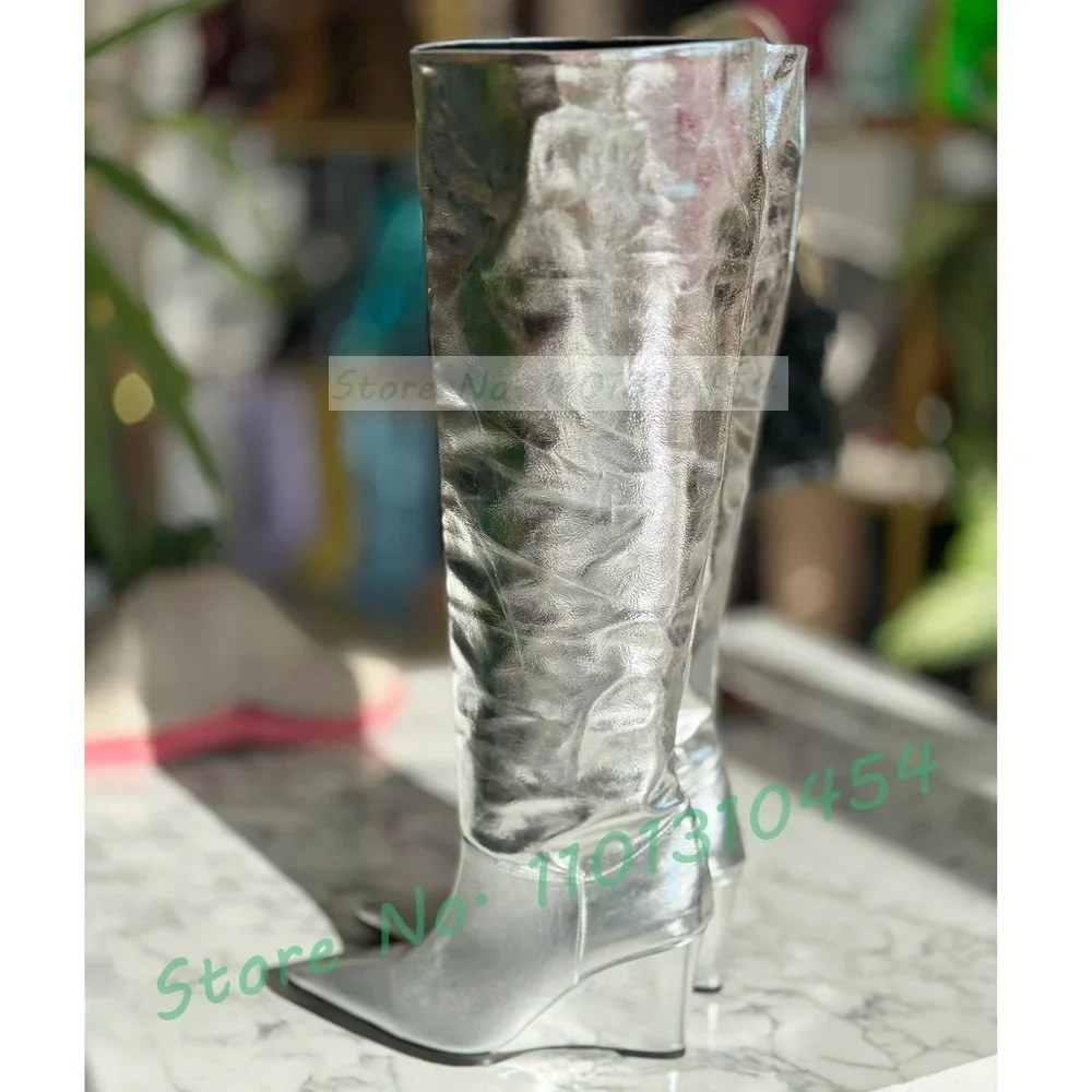 Metallic Wedges Long Boots Women Glossy Pointy Toe Gold White High Top Boots Ladies High Heels Winter Streetwear Dress Shoes image 3
