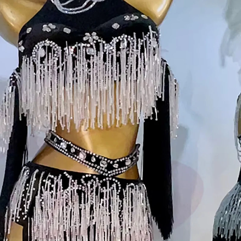 ラテンダンスダイヤモンド女性のハイエンドカスタマイズされたクリスタルビーズチューブタッセルスプリットスカートサンバダンスドレスパフォーマンスドレス