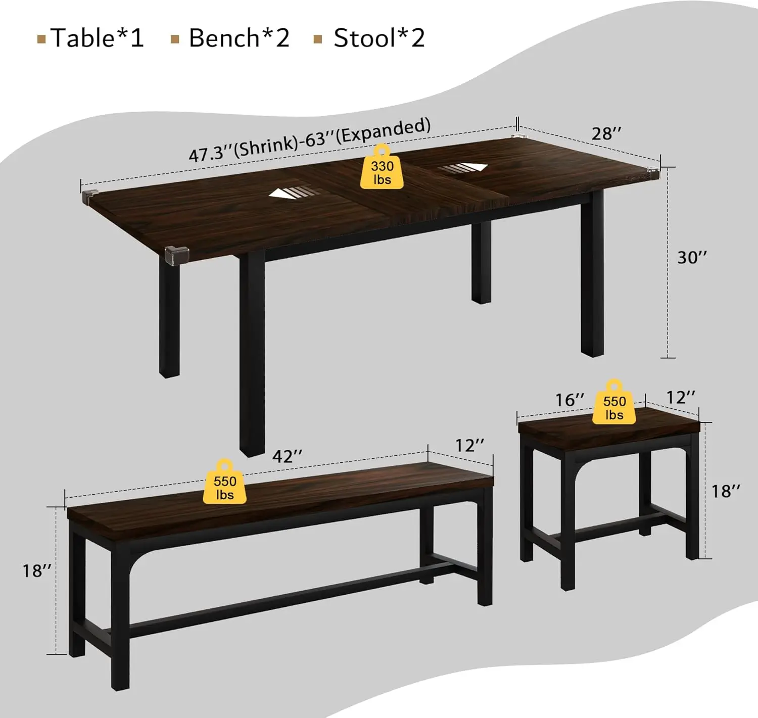 5-Piece Dining Table Set for 4-8 People, Extendable Kitchen Table Set with 2 Benches and 2 Square Stools, Mid-Century Dining Roo