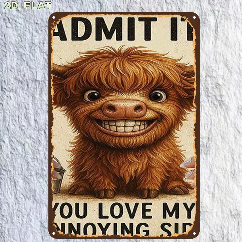 2D Flat, Retro Vintage Cute Highland Cow Poster Art Metal Tin Sign, with Pre-Drilled Holes, Ideal for Indoor, Garden, Outdoor - view 4