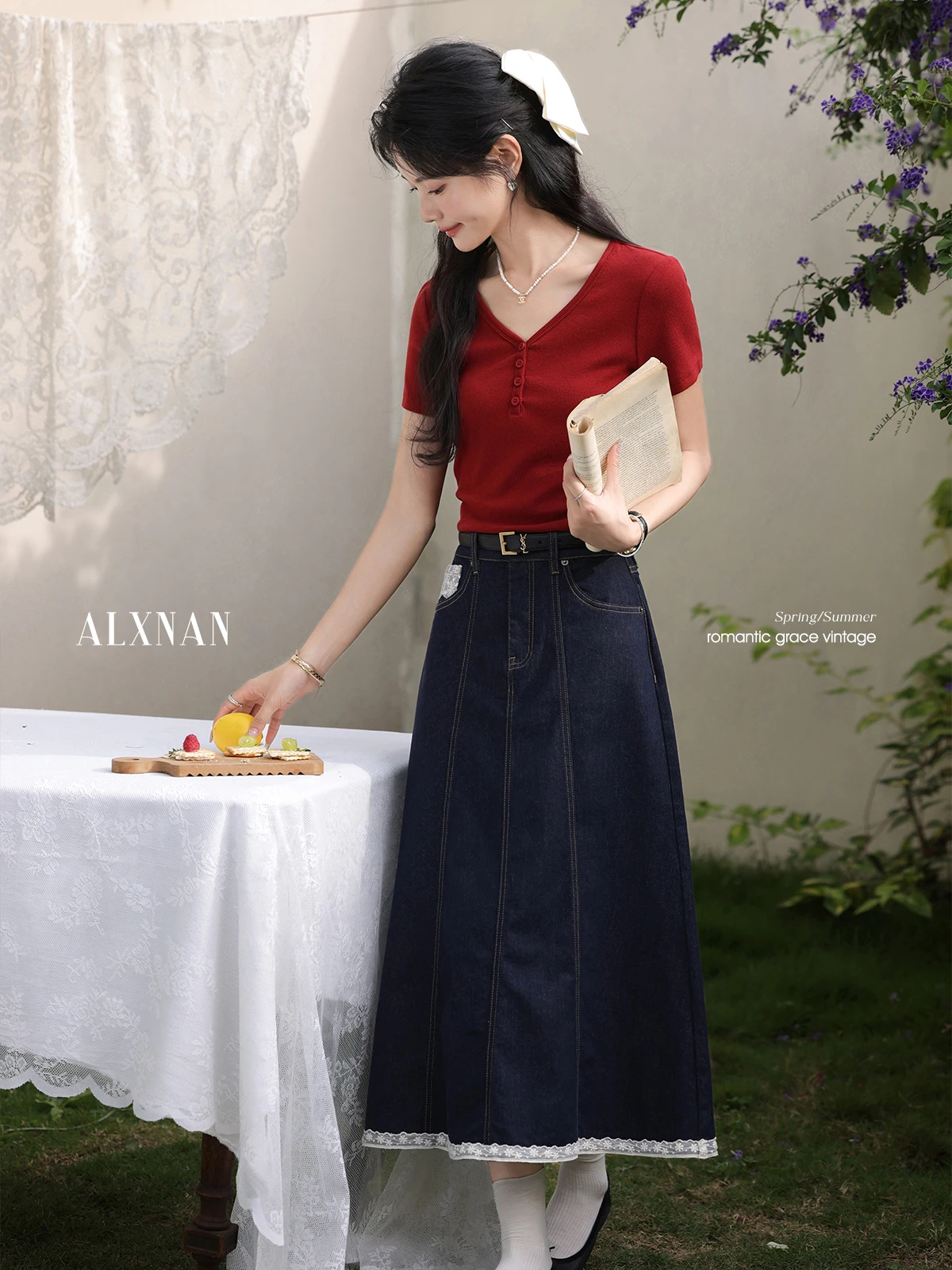 ALXNAN Women's Long Skirt Blue Vintage High-waist A-line Midi Denim Skirt 2025 Summer Casual Lace Design Ladies Clothing L55711
