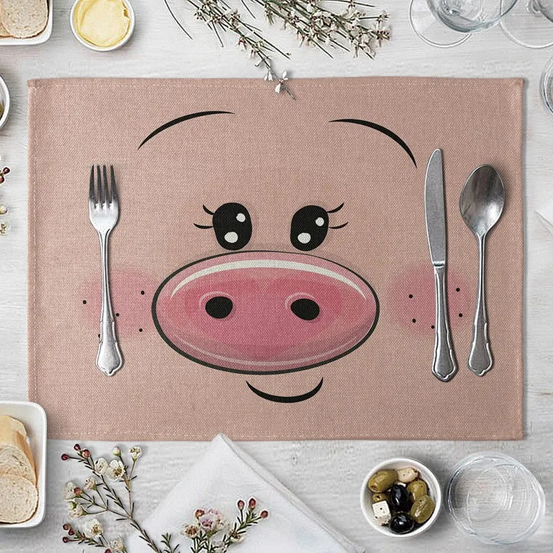 1PC/4PC/6PC Cute Animal Linen Table Mat Cartoon Pig Bear Frog Fox Pattern Placemats for Children Kids Kitchen Dining Place Mats
