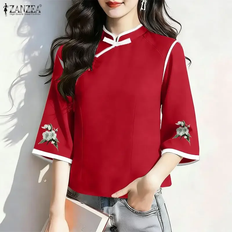 

Блузка ZANZEA 2026: Винтажная, с цветочным принтом, на пуговицах, с рукавом 3/4, элегантная офисная рубашка с воротником-стойкой для женщин
