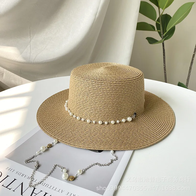 الفرنسية خمر اللؤلؤ سلسلة القش قارب قبعة المرأة الصيف واسعة حافة الأشعة فوق البنفسجية حماية أنيقة الشمس قناع قابل للتعديل