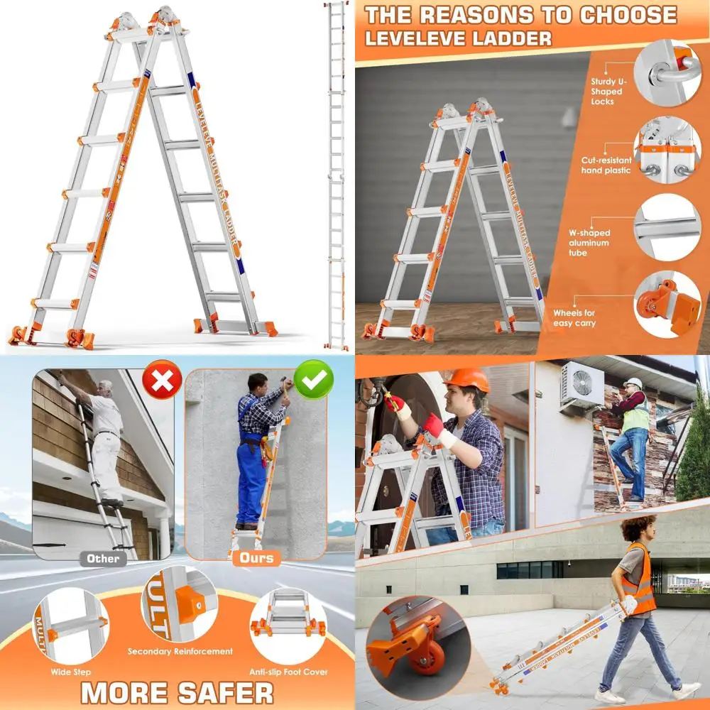 سلم متعدد المواضع بـ 6 خطوات مع امتداد 22 قدم، وقضيب تثبيت وعجلات، يدعم تحميل 330 رطلاً لاستخدام الدرج #1