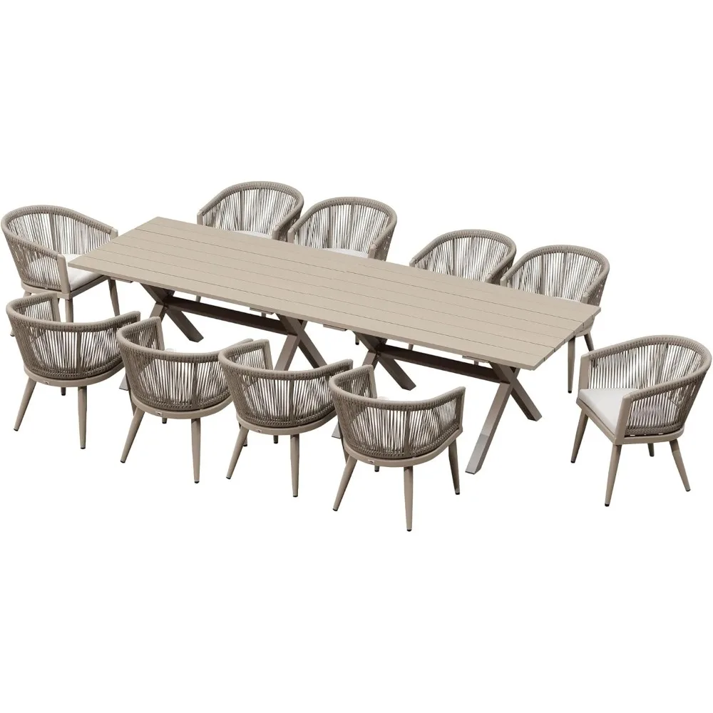 

Outdoor Dining Set for 10 All-Weather 12 Pieces Patio Aluminium Dining Large Table and Rope Weave Chairs Included Cushions for