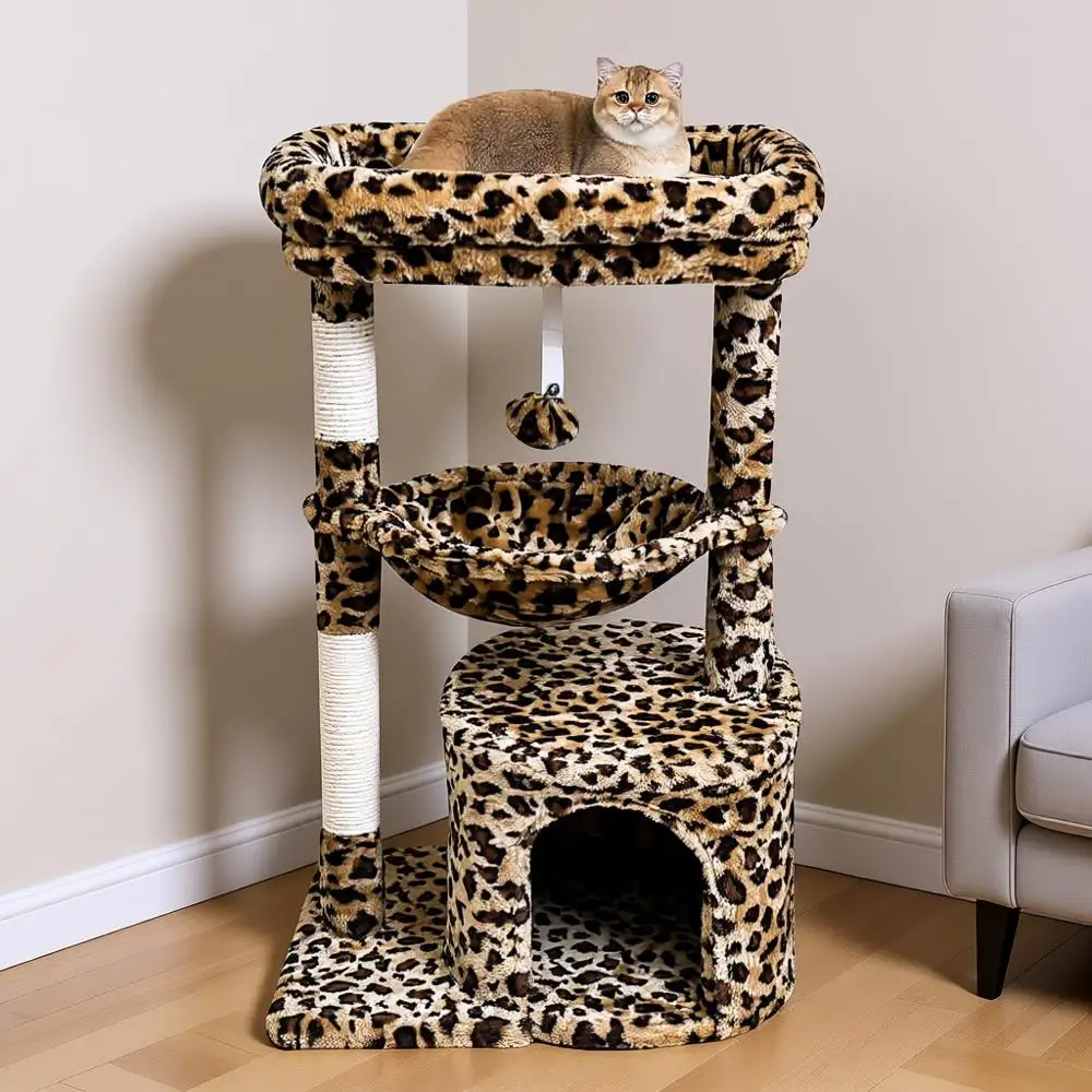 

Leopard Print Indoor Cats, Cat Tower with Scratching Post, Cat House with Padded Perch, Kittens Condo with Cradle, Cat Cave