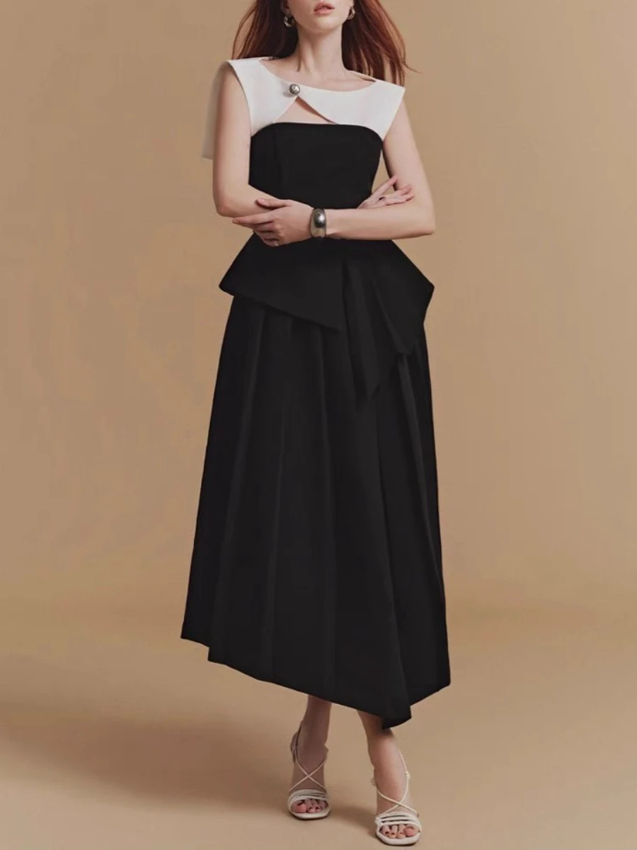 TWOTWINSTYLE 슬림 핏 홀로우 아웃 불규칙 롱 드레스 여성용 라운드 넥 슬리브리스 튜닉 패치워크 폴드 드레스 여성 신상