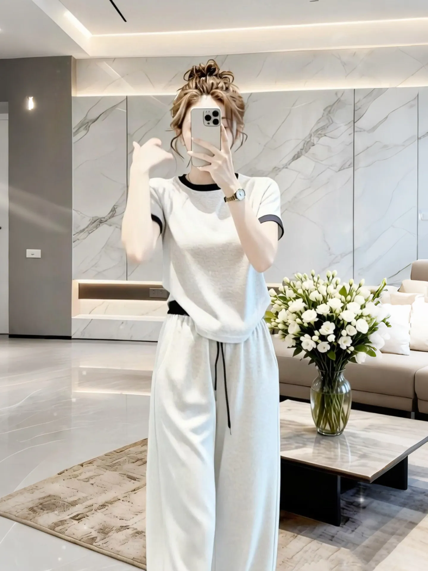 

Elegant Summer Fashion Set Women's Short Sleeve Slimming Long Pants Two-Piece Suit High Waist Breathable Lightweight Casual