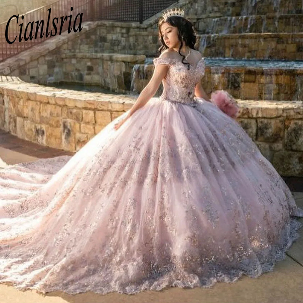 

Sparkly Quinceanera Dresses Pink Beads Sequins Appliques Ball Gown Sweet 16 Dress Lace-Up Vestidos De 15 Años