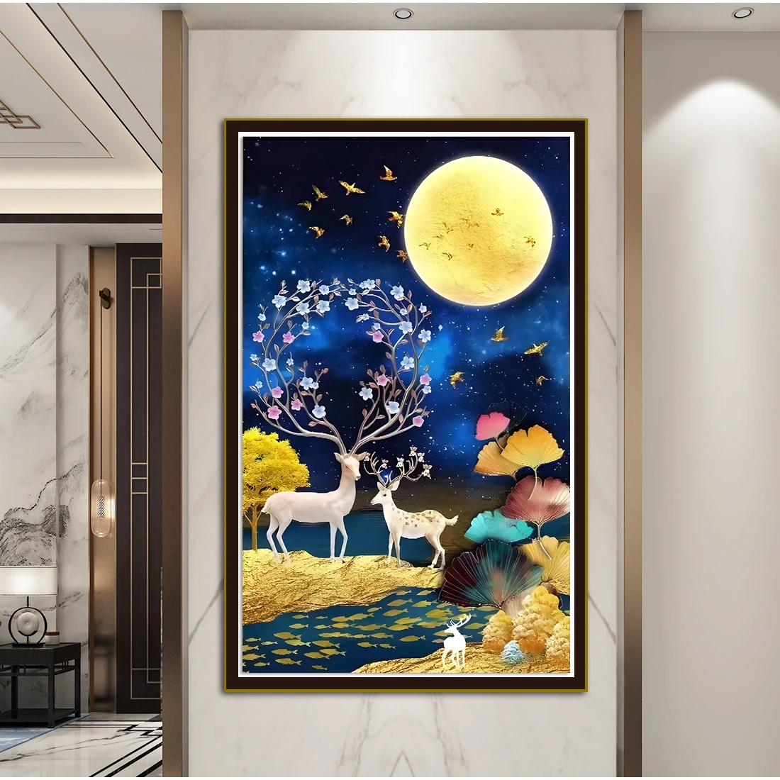 

A Vertical Cross-Stitch Version, There Are an Ginkgo Leaf, Moon and Elk Pattern, DIY Handmade Needlework Set Crafts, Full Embroider Printing Embroider