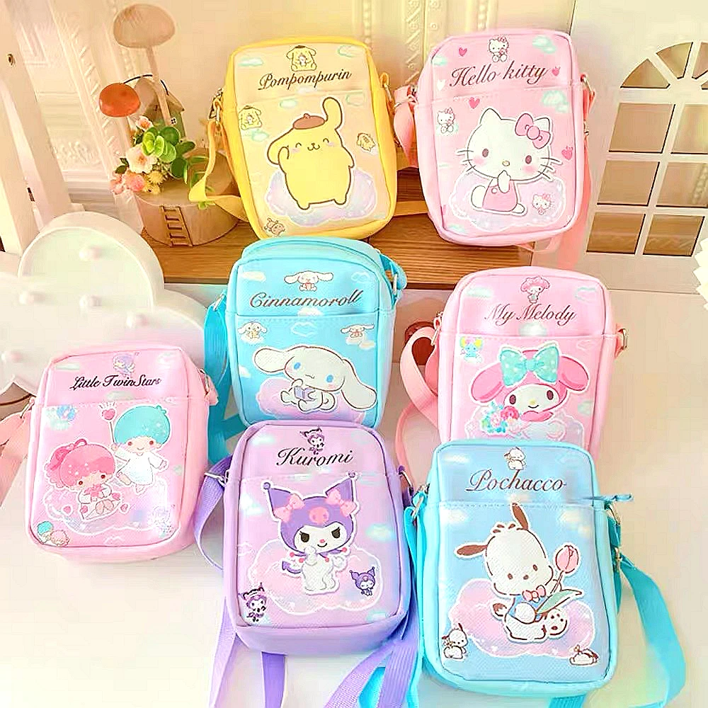 Cartoon Sanrio Hello Kitty Shoulder Bag PU Crossbody bag Cute Cinnamoroll My Melody Kuromi Earphone Phone Storage Bags Girl Gift