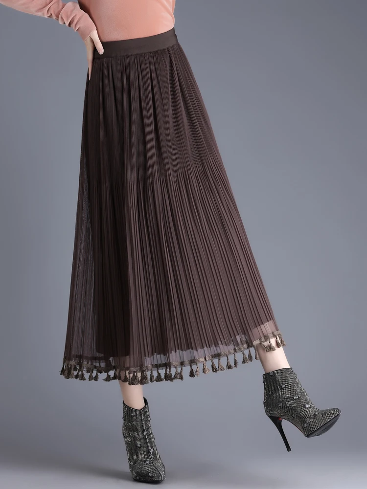 ZUZK Both Side Wear Pleated Skirt Autumn Winter Women Elasticity Waist Fashion Temperament Pleated Skirt Office Lady Bottoms