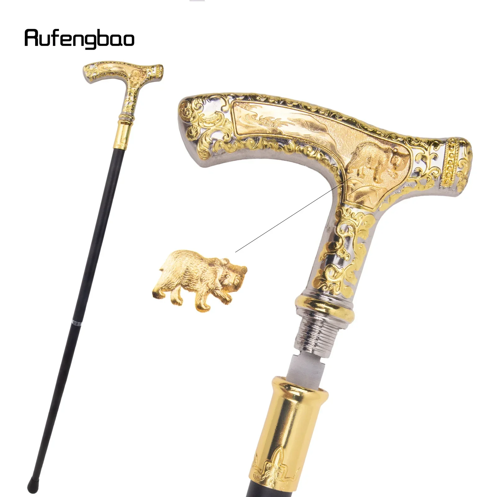 عصا المشي بمقبض الدب الفاخر باللون الأبيض الذهبي مع لوحة مخفية لأداء الدفاع عن النفس عصا قصب 90 سم #1