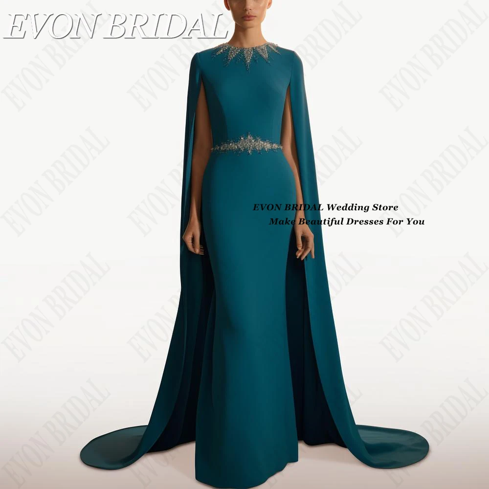 

EVON BRIDAL Teal Mermaid Evening Dresses For Women Crepe Cap Sleeve Formal Wedding Party Gowns O-Neck Beads abendkleider luxus