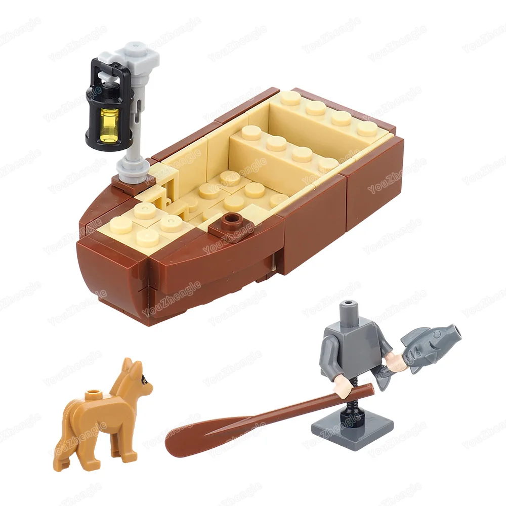 Bloc de construction de bateau en bois à rame unique, figurines MOC, lanterne de pêche pour chien de compagnie, équipement de scène assortie, modèle de lieu, jouet cadeau