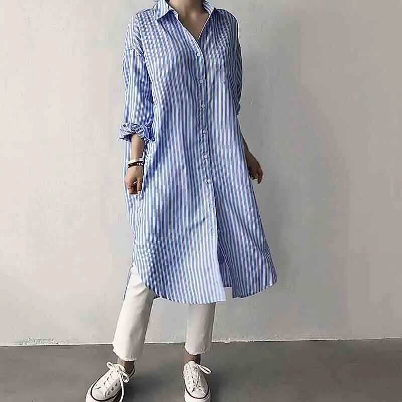 Women's Midlength Shirt Longsved Top Spring New Cleanfit Style Cotton Blend  Collar Striped Pattern Resistant to Deformation