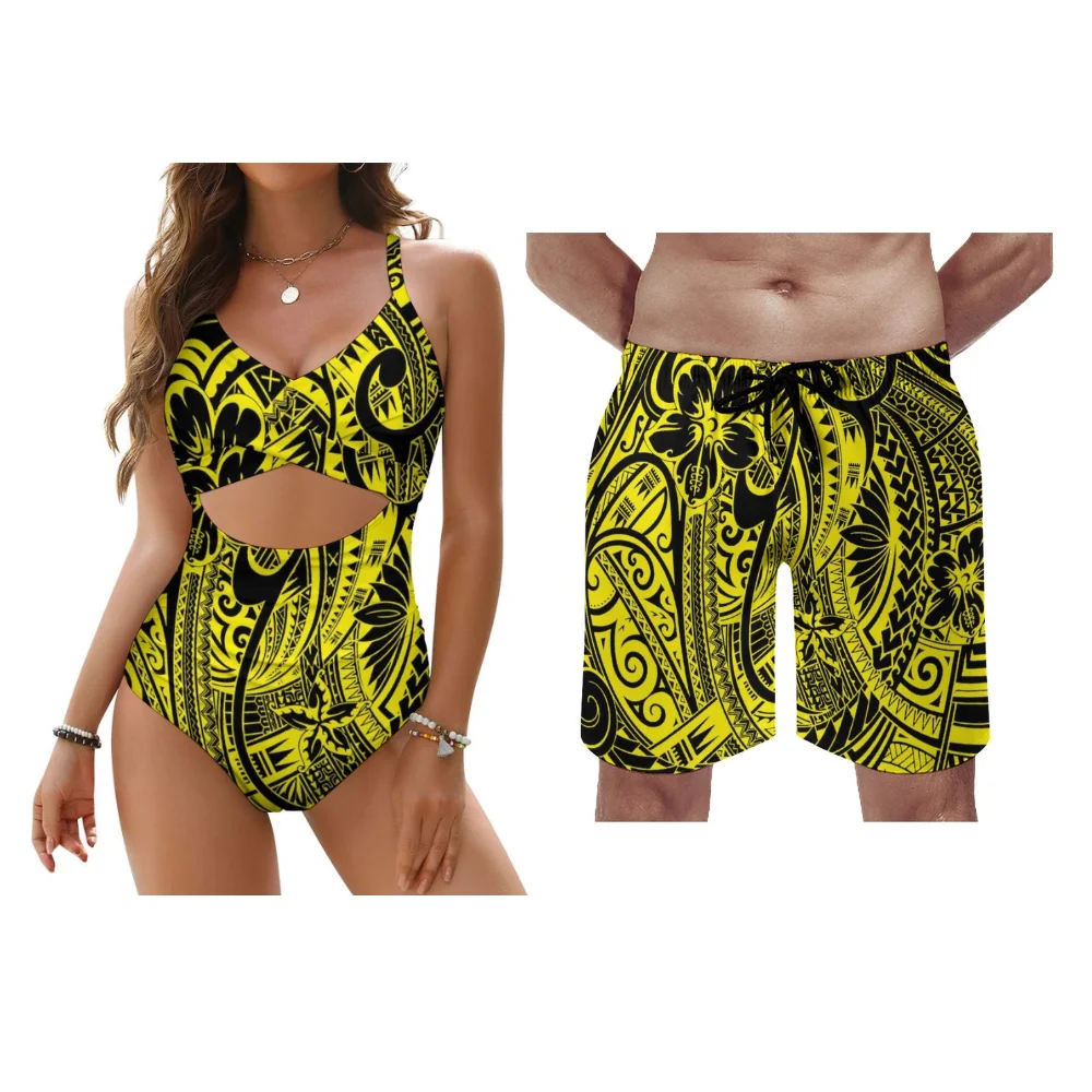 Polynesian Custom Beach Couple Lace Bikini Set Men Trunks Women Push Up Swimwear Hot Summer Vacation