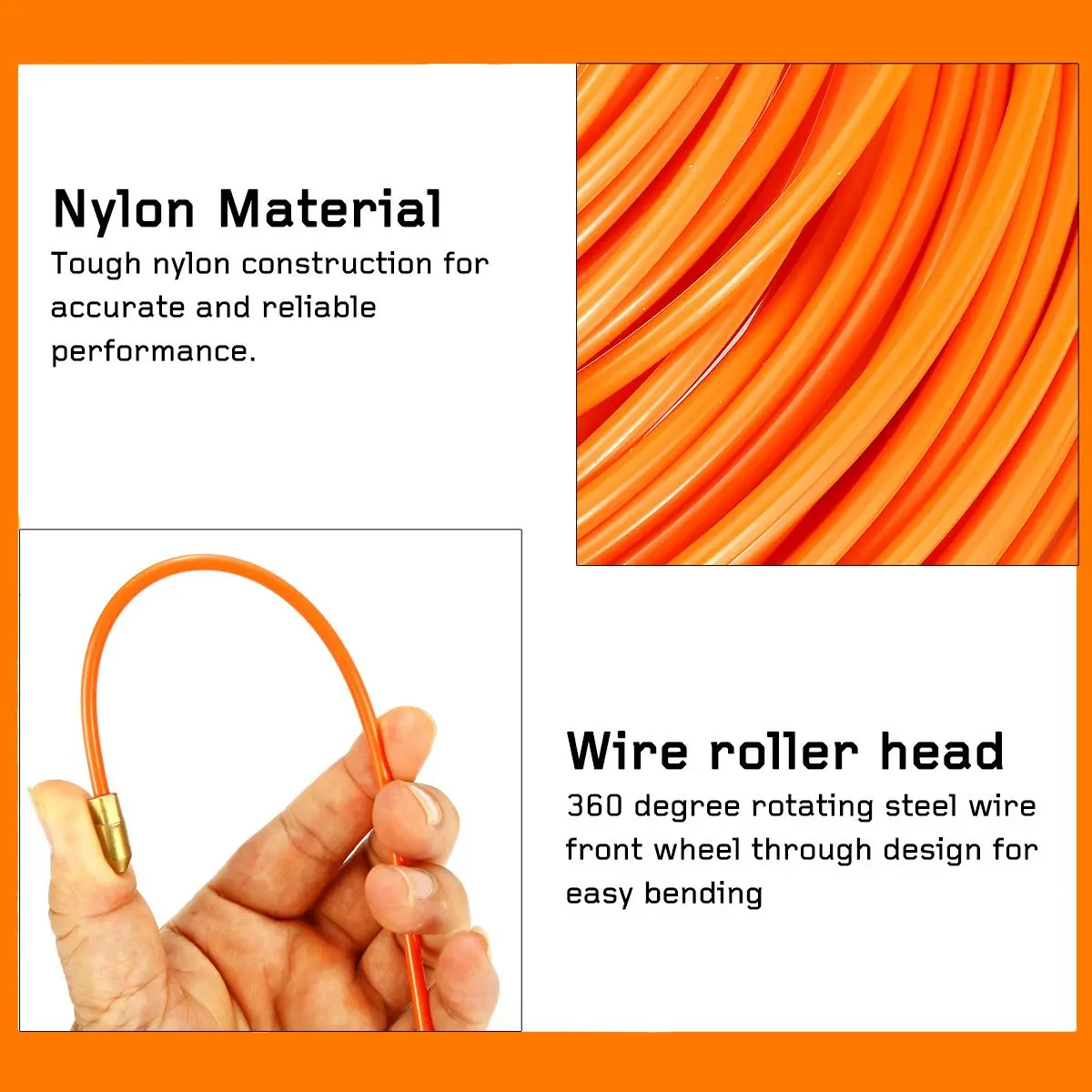 

4mm 5/10/15/20/25/30m Length Durable Fiberglass Electric Guide Device Cable Push Pullers Duct Snake Rodder Fish Tape Wire Orange