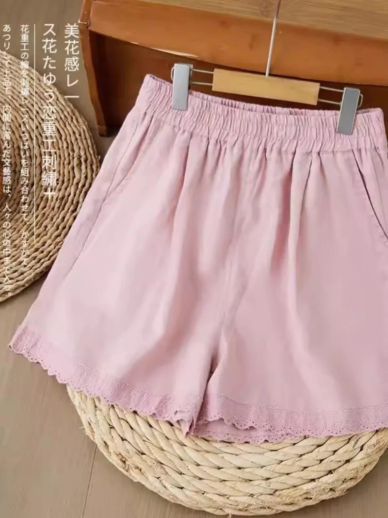 etro Lace Cotton Linen Shorts for Women Summer High Waist Loose Casual Wide Leg Pants Commuting Trend j343