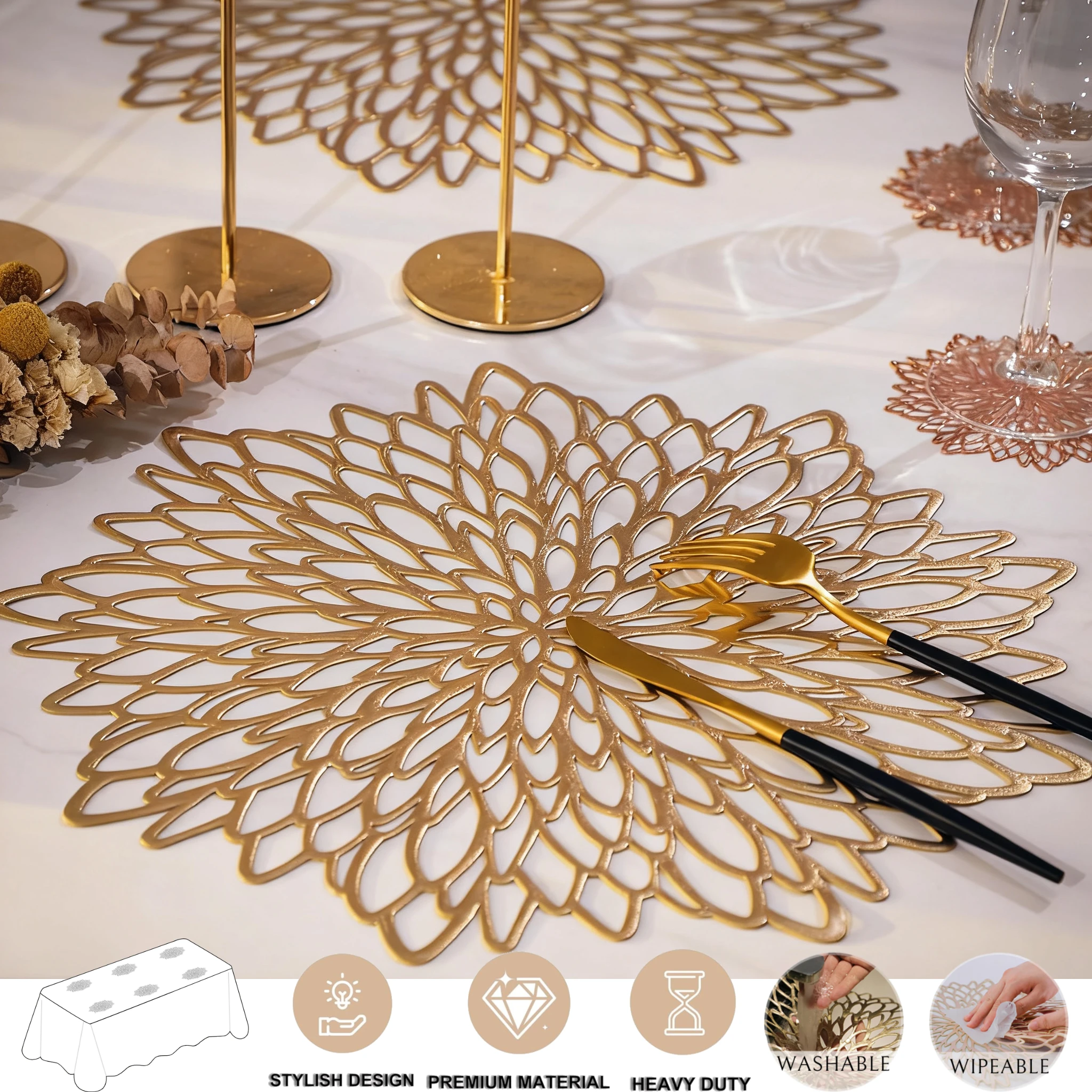 مجموعات المفارش البلاستيكية جولة ورقة مكان الحصير قابل للغسل مقاومة للحرارة الفينيل الجدول الحصير للمطبخ طاولة طعام مفرش طاولة الزفاف #1