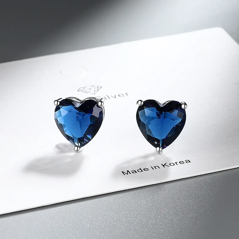 Heart Cut Created Blue Sapphire 925 Sterling Silver Stud Earring Pendiente for Women Statement Gemstone Jewelry Brincos de Prata