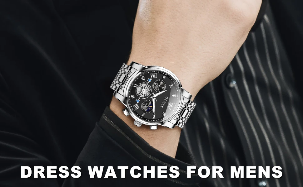 OLEVS 2856 Quartz Watch for Men Flywheel Skeleton Chronograph Moon Phase Multifunctional Stainless Steel Men's Wristwatches
