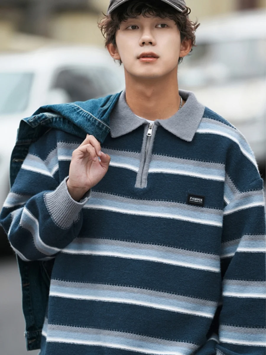 Spring and Autumn New Japanese Style Men's Blue Half-Zip Sweater Loose Casual Striped Green Navy Blue Turn-Down Collar Knitwear