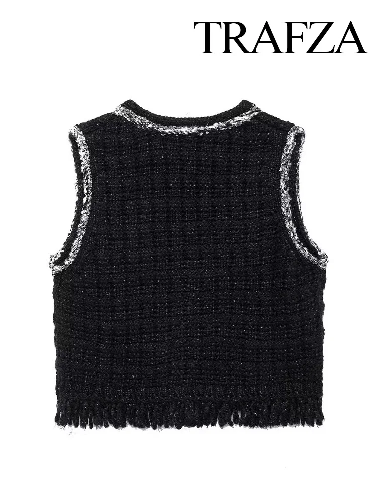 TRAFZA Autumn Female Elegant Vest Sleeveless Knitting V-Neck Loose Short Tank Tops Women Streetwear Rough Edge Waistcoat Top