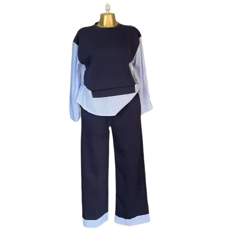 Casual Striped Set Full Length Sweet Fresh Style with Shirt Top Patchwork Construction High Waist Pants Summer Set Women