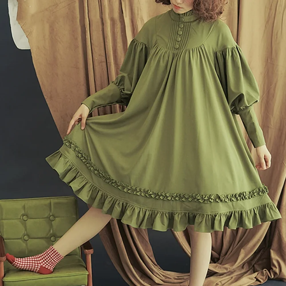 Japanese Gothic Vintage Lolita Party Dress Women Black Green Cotton Long Sleeve Soft Elegant Evening Princess Dresses Sweet