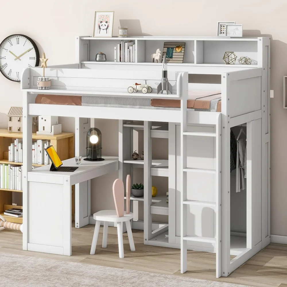 

Twin Loft Bed with Des&Wardrobe,Solid Wood Loft Bed with Desk and Multiple Shelves, High Loft Bed Frame with Bookcase and Ladder