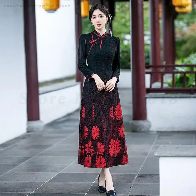 

Весенне-осеннее улучшенное платье Ao Dai Qipao в новом китайском стиле трапециевидной формы Cheongsam с традиционным воротником-стойкой, платья больших размеров 4XL