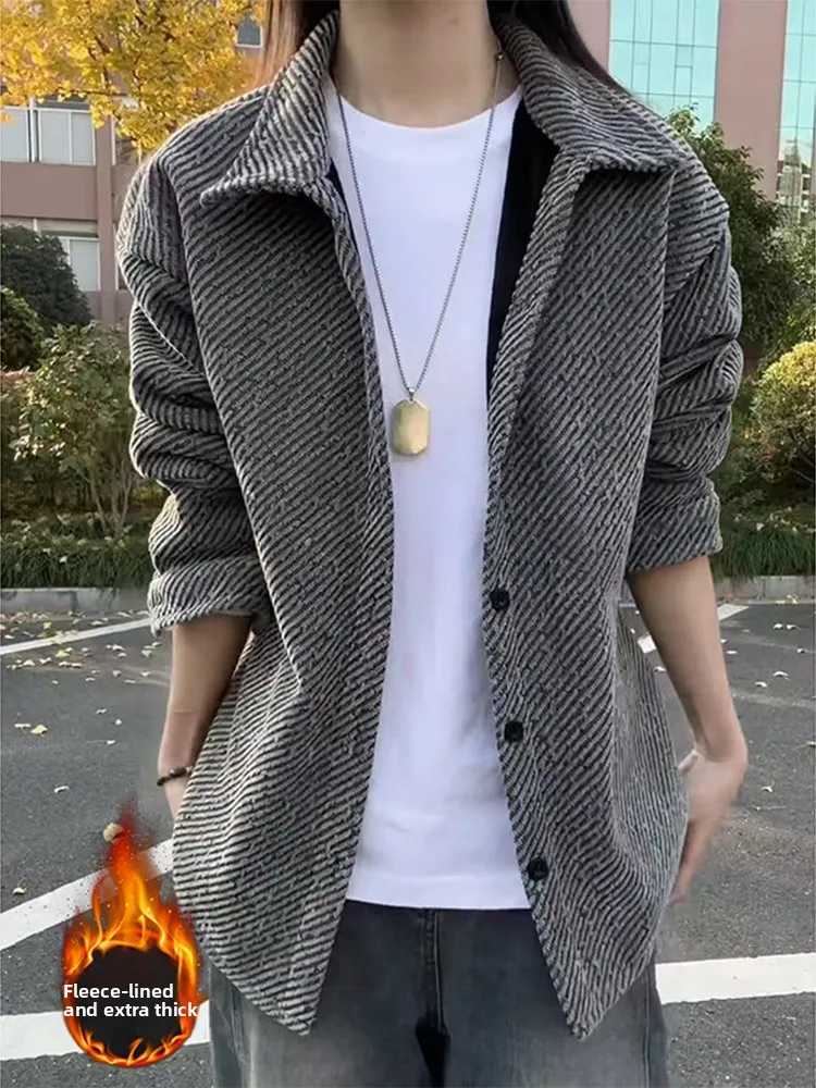 

Deep Grey Tweed Knitted Men's Shirt Autumn Winter Texture Sensation Collar up Knitted Outerwear Casual Style Short Length