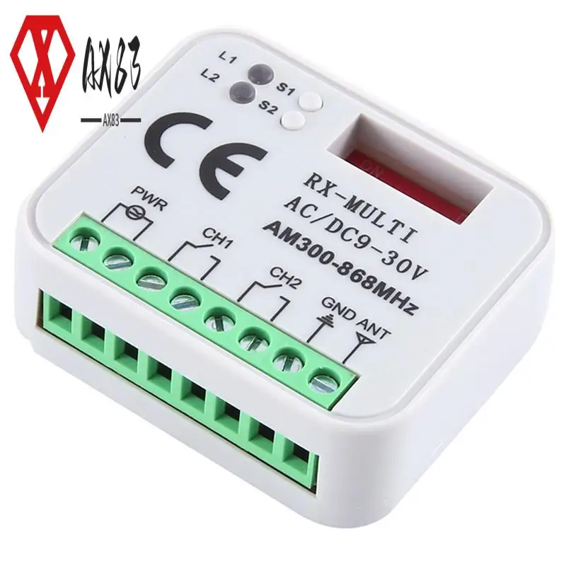 

AX83-универсальный многочастотный приемник RX 300-868 МГц, 2 канала, 12 В, 24 В, релейный модуль, пульт дистанционного управления для гаражных ворот, 433,92 МГц, 868 МГц