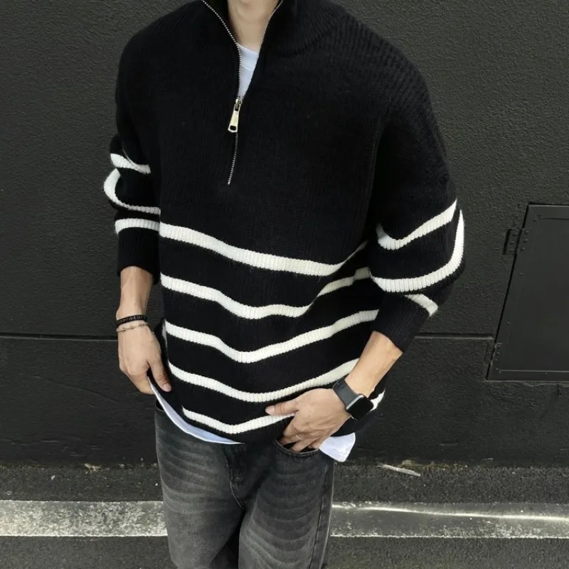 

With Zipper Pullovers Male Autumnr and Winter Knitwear Streetwear Korean Fashion Long Sleeve Jumpers Striped Men's Knit Sweater