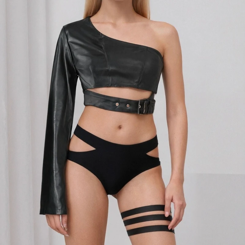 One-shoulder PU Leather Jacket Rock Dance Irregular Short Coat European and American Independent Website Celebrity Customization