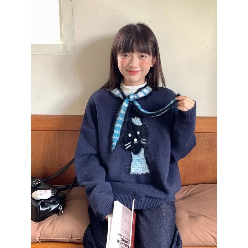 

MEXZT Harajuku Cartoon Sweater Women Kawaii Cutecore with Tie Knitted Pullovers Korean Long Sleeve Knitwears Winter Jumpers New