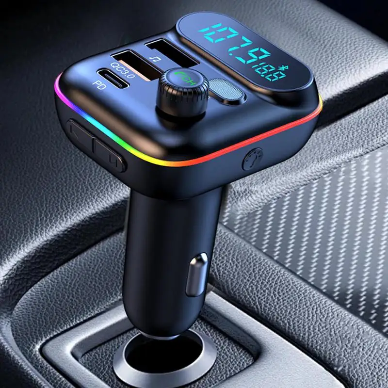 調整可能なLEDアンビエントライト付きカーチャージャーアダプター、車両急速充電、自動充電アダプター、mp3プレーヤー、fm