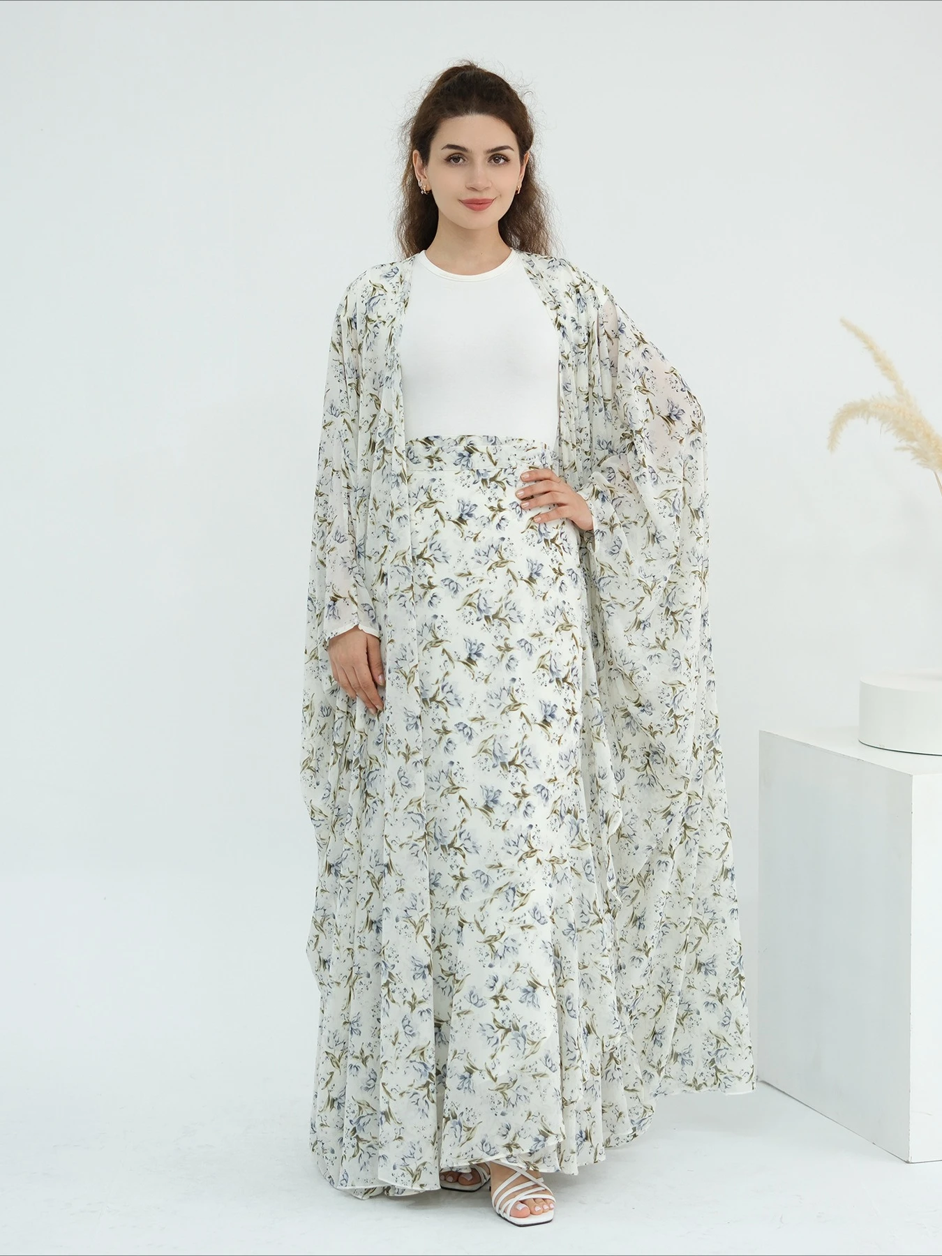 Eid femmes abaya jupes ensemble 2 pièces fleur imprimé cardigan jupe fête musulmane Ramadan longue Abayas arabe longue Robe maroc caftan