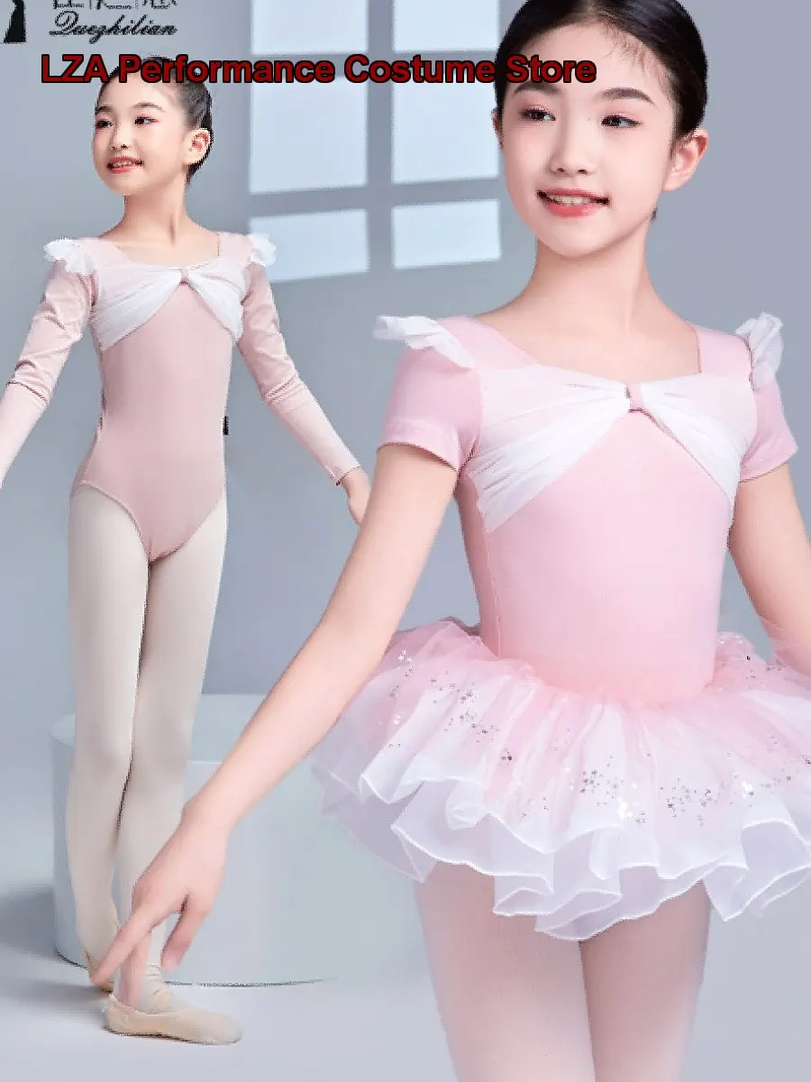 Children's Girls Summer Dance Set Short Sleeves Kids Gymnastics One-Piece Dress Cute Tutu