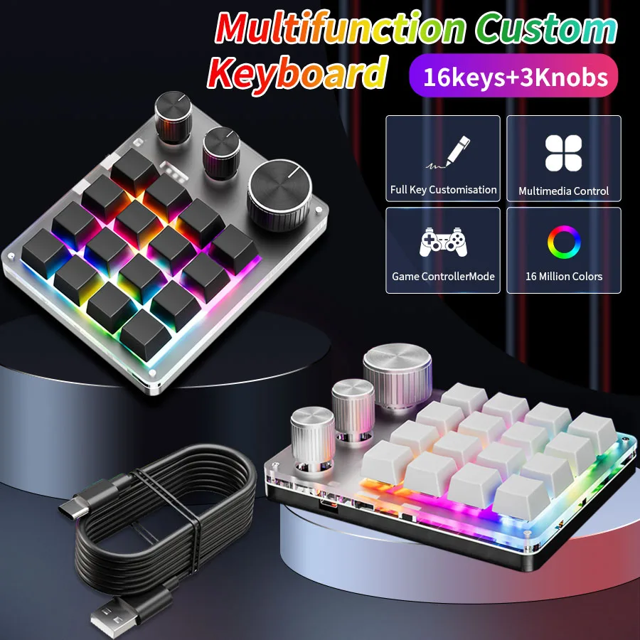 16 Key 3 Knobs Custom Mechanical Keyboard Customize Volume Button Knob Programming Macro Gaming USB Wired/ Bluetooth/ Wireless