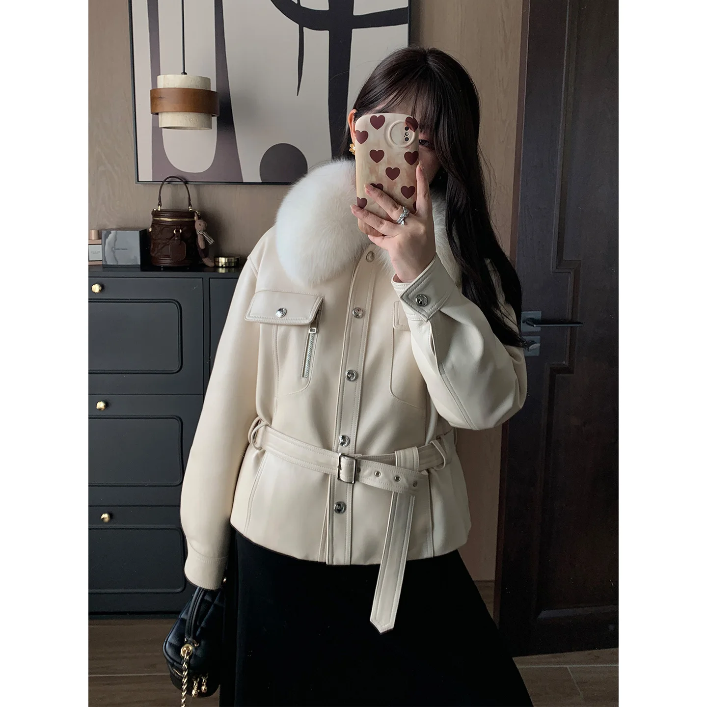 2025 automne hiver mode femmes veste en cuir col de fourrure manteaux courts à manches longues vestes à glissière femmes haute rue loisirs manteau