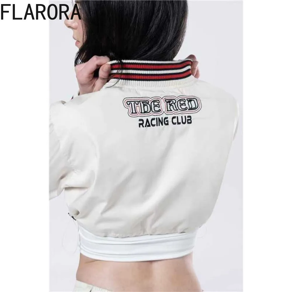 FLARORA Retro Letter Print Embroidered Baseball Jackets Woman Long Sleeve Stand Collar Crop Coat Autumn Y2k Streetwear Jacket