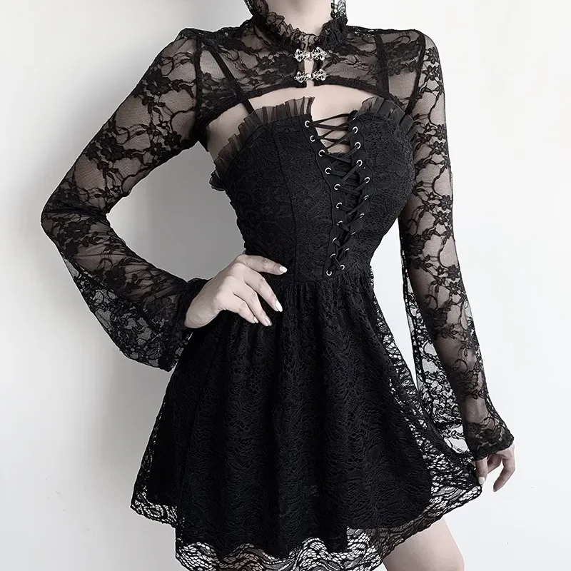 Dark Palace Retro Lace Top Halloween Role Play Gothic Blouse Female Autumn New Fashion Trend Pure Color Slim Sexy Y2k Top Female