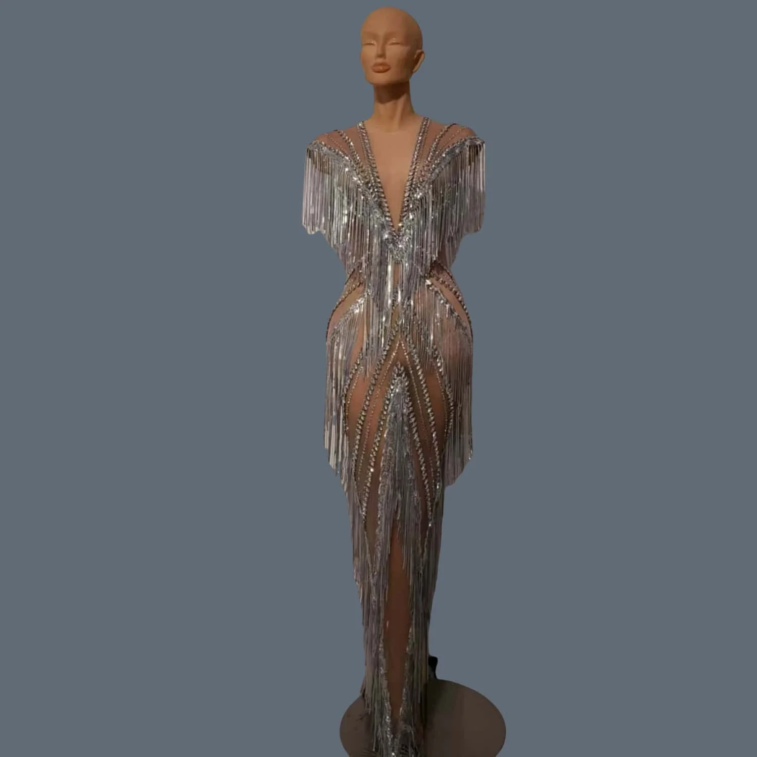 

Sparkly Sequines Fringes Dresses for Women Sexy Mesh Diamonds Performance Dance Costume Gorgeous Stage Wear Club Outfit Shexian