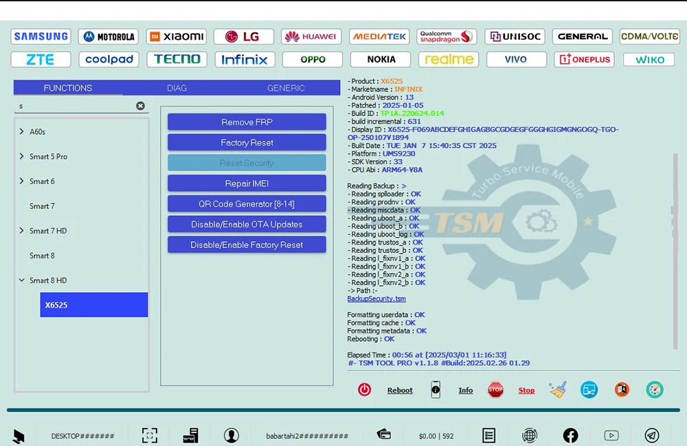 فلاش إصلاح تفعيل ترخيص TSM، فتح، المرافق، إزالة FRP & KG/MDM يدعم Qualcomm، Mediatek، Unnisoc، Kirin، Hisilicon
