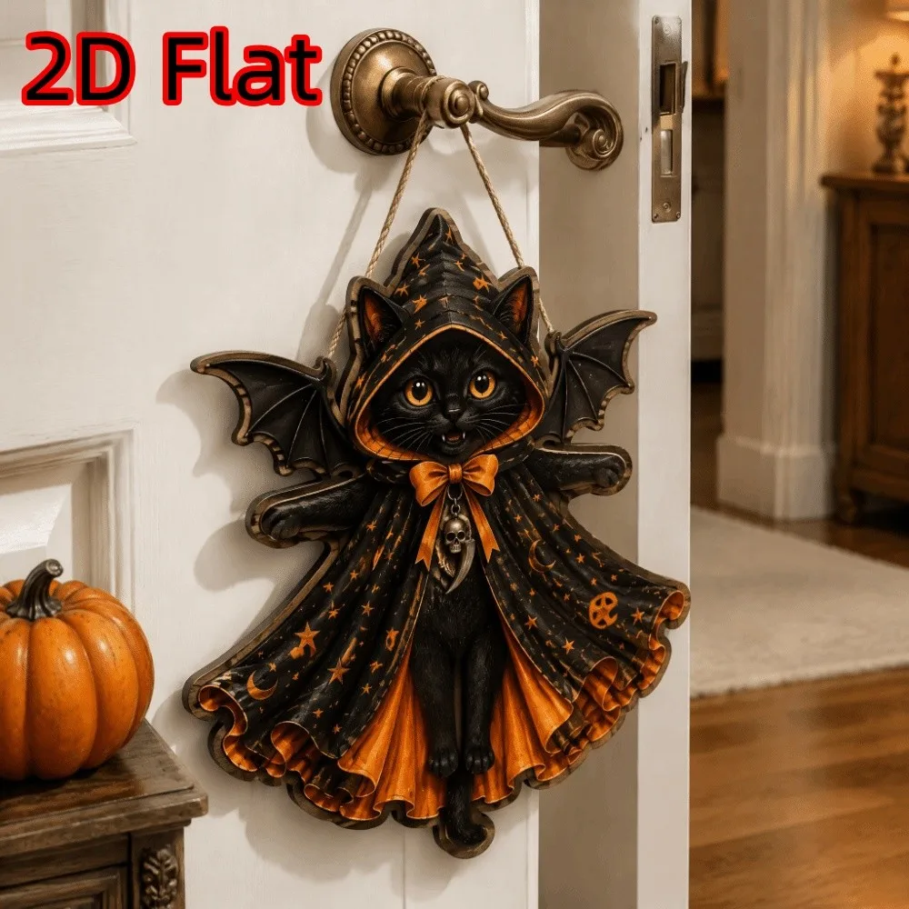 2D Flat Halloween Black Cat Door Sign Gothic Moon Star Holiday Bat Wing Cat Pendant DIY Spooky Bow Knot