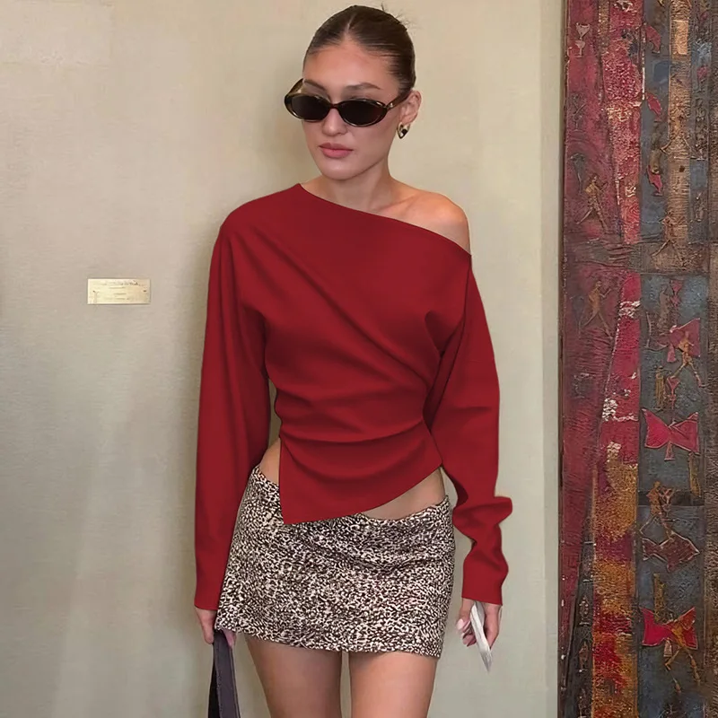 Damen Casual Top Modisches Schlankes Langarm-Pullover-Oberteil Sexy Schulterfreies Plissiertes Party-Top Weibliche Streetwear Überzieh-Oberteil – Detail 26