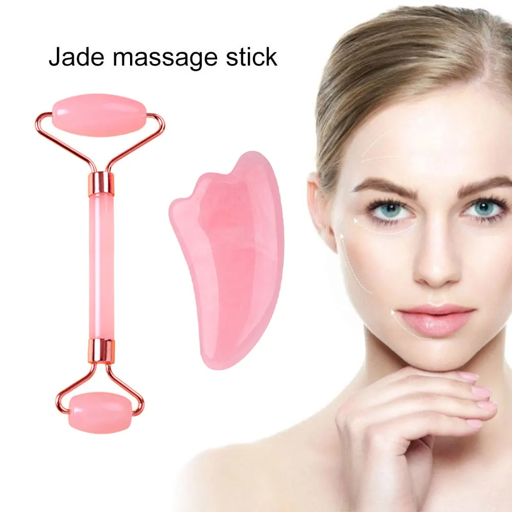 Natural Resin Jade Roller Gua Sha Scraper Set Pink Guasha Face Lift Massager Wrinkle Double Chin Remover Beauty Skin Care Tools